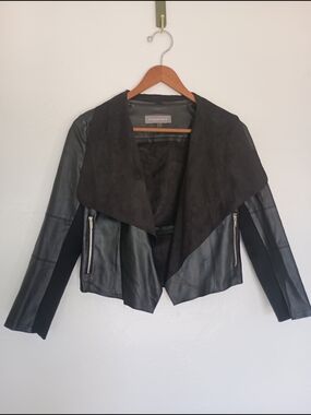 bagatelle Black Faux Leather Draped Jacket with Suede Shawl Collar